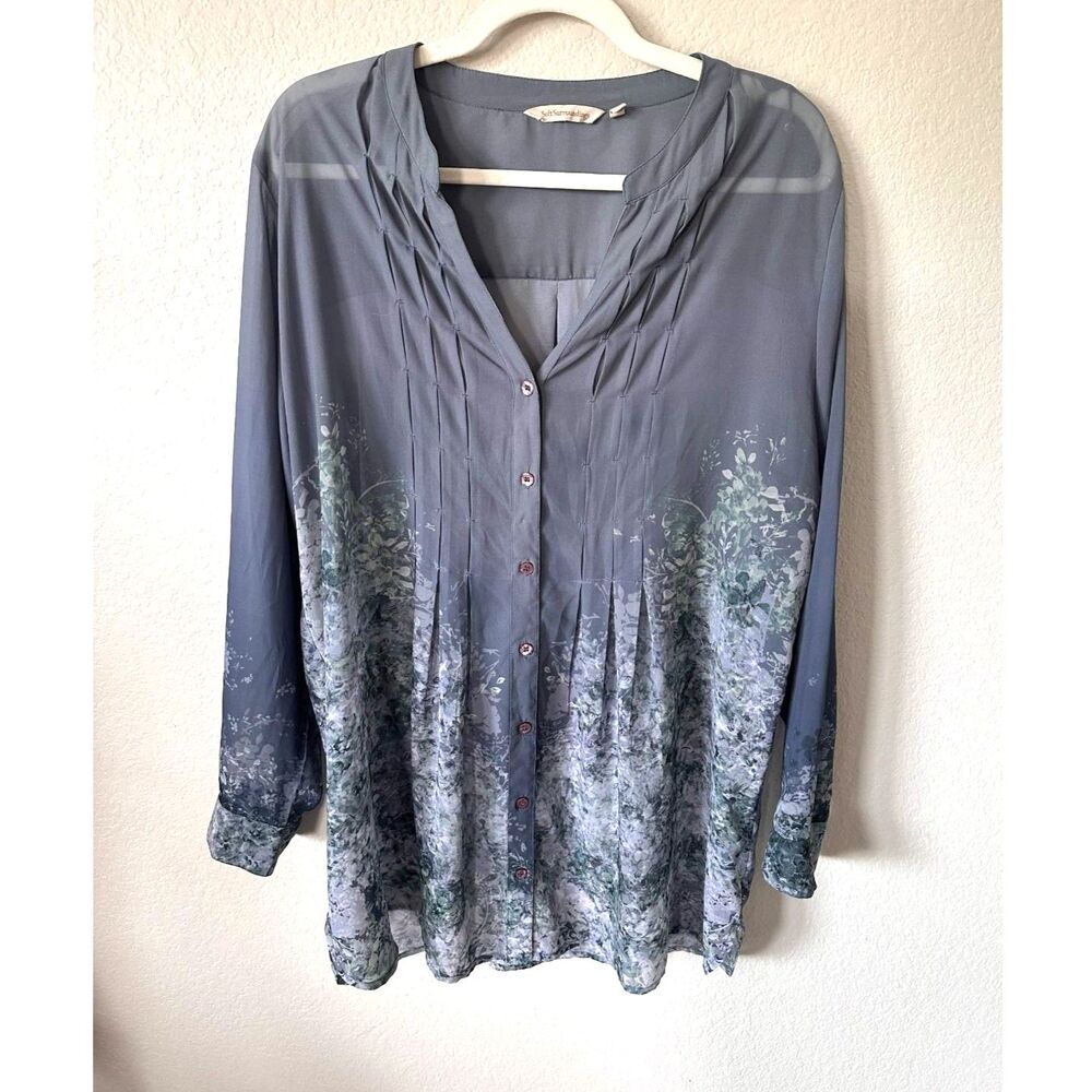 Soft Surroundings L Sheer Ombre Floral Pintuck Tunic Top Button Front Boho